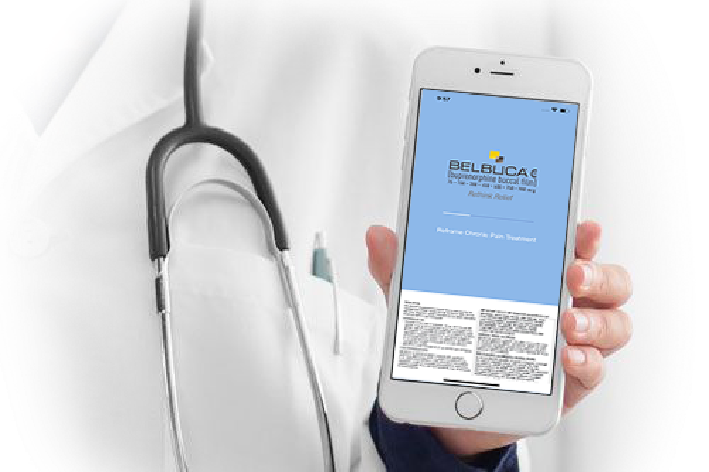 photo of a doctor holding a phone with the Belbuca dosing app